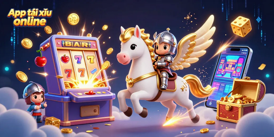 Experience excitement with App tài xỉu online, featuring vibrant visuals of a slot machine and characters.