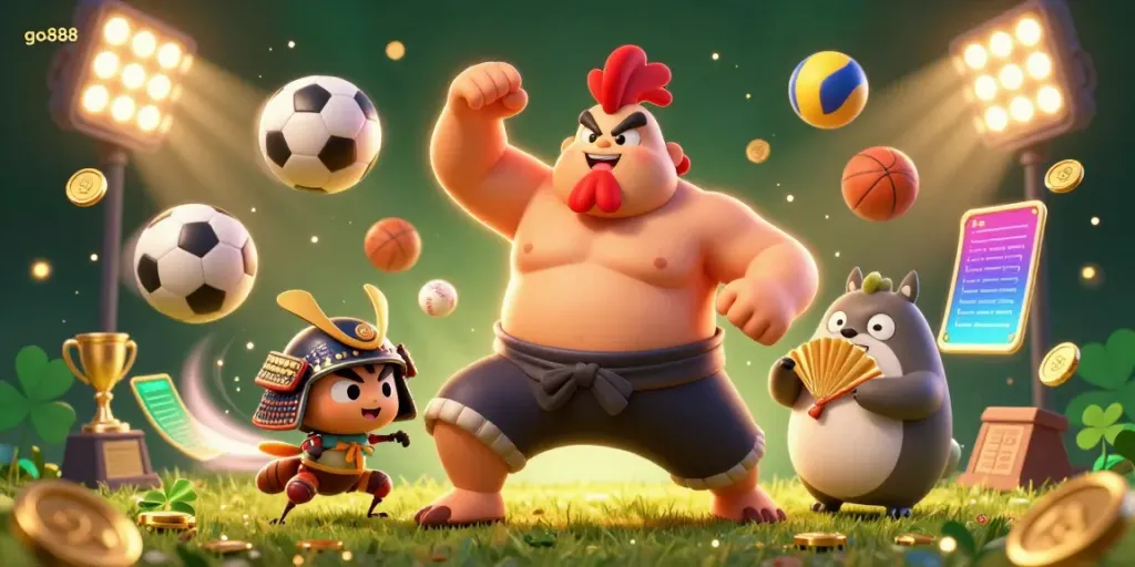 Engage with go888's thrilling gaming experience, featuring dynamic 3D characters and vibrant casino elements.