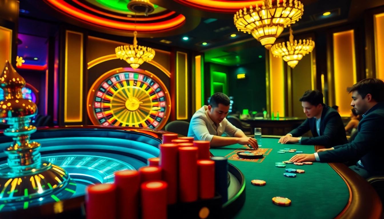 Excited players in action at a go 88 poker table with vibrant chips and a roulette wheel.
