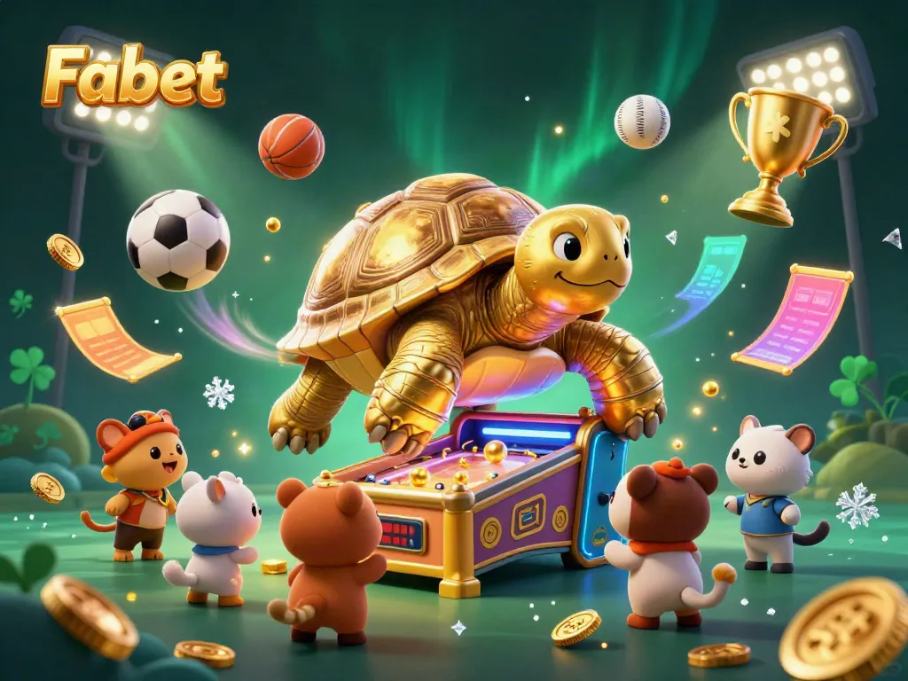 Engage with Fabet’s dynamic gaming scene featuring a colossal tortoise pinball machine and lively sports elements.