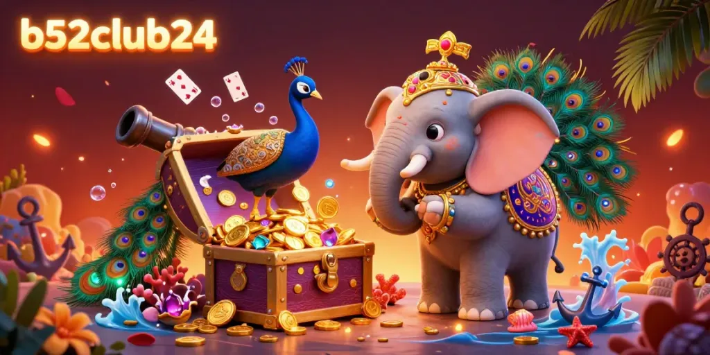 Experience thrilling casino action with b52club24 as a vibrant elephant and peacock celebrate amidst treasure and playful game elements.