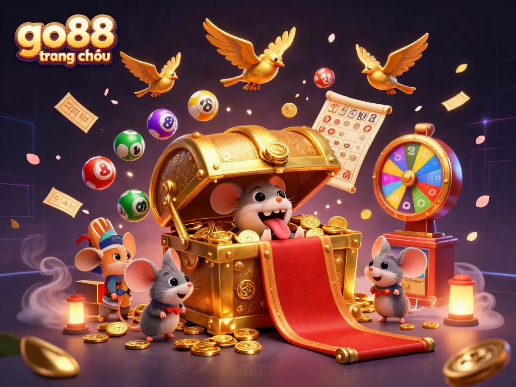 Experience excitement at go88 trang chủ with a dazzling treasure-filled scene, featuring vibrant lottery elements and animated characters.