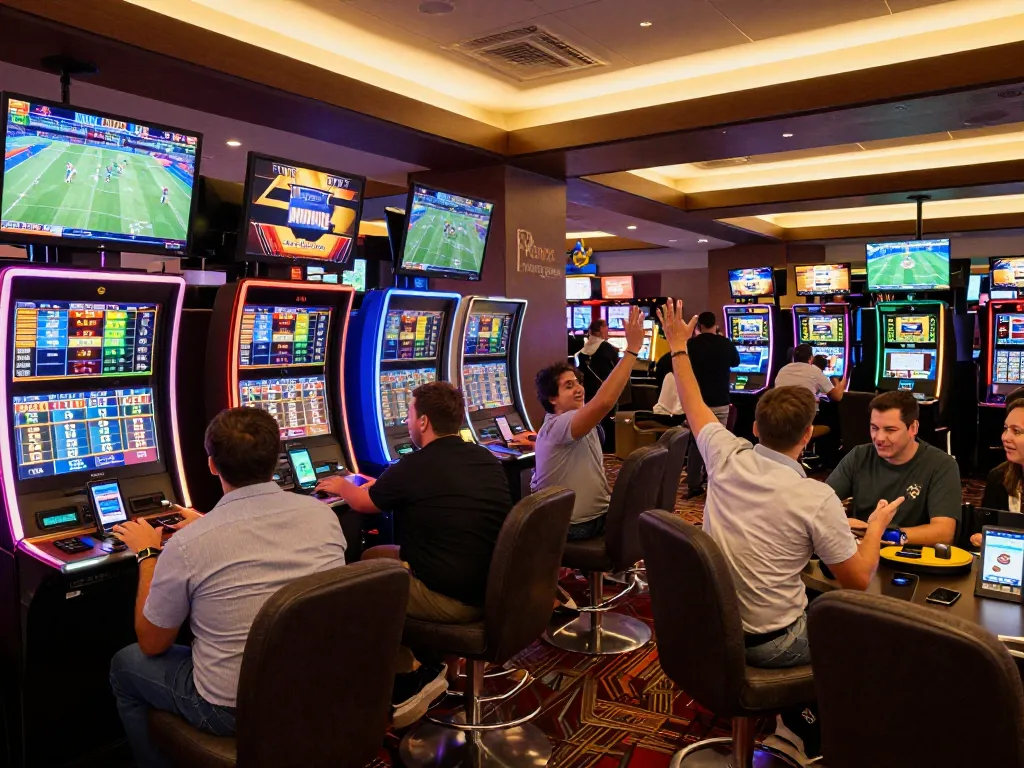 Exciting sports betting scene at casino with fans engaging and wagering with ok 365.