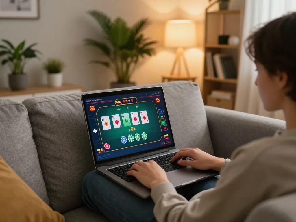 MAY88 player engaging in online poker from a cozy home setup, showcasing strategic gameplay.