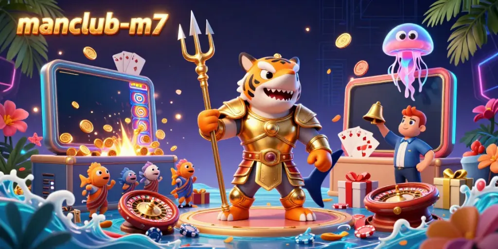 Join exciting gameplay at manclub-m7 with a dynamic underwater casino scene featuring a tiger shark.