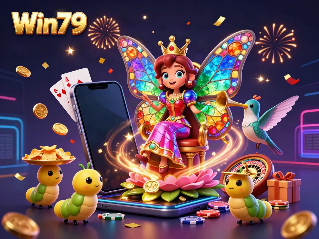 Win79 captivates with a vibrant 3D casino scene featuring slot games and joyful characters.