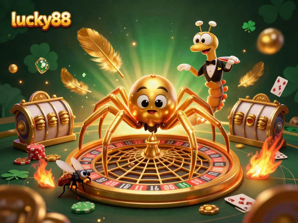 Experience the thrill of lucky88 with a roulette wheel scene featuring a golden spider, centipede croupier, and betting action.