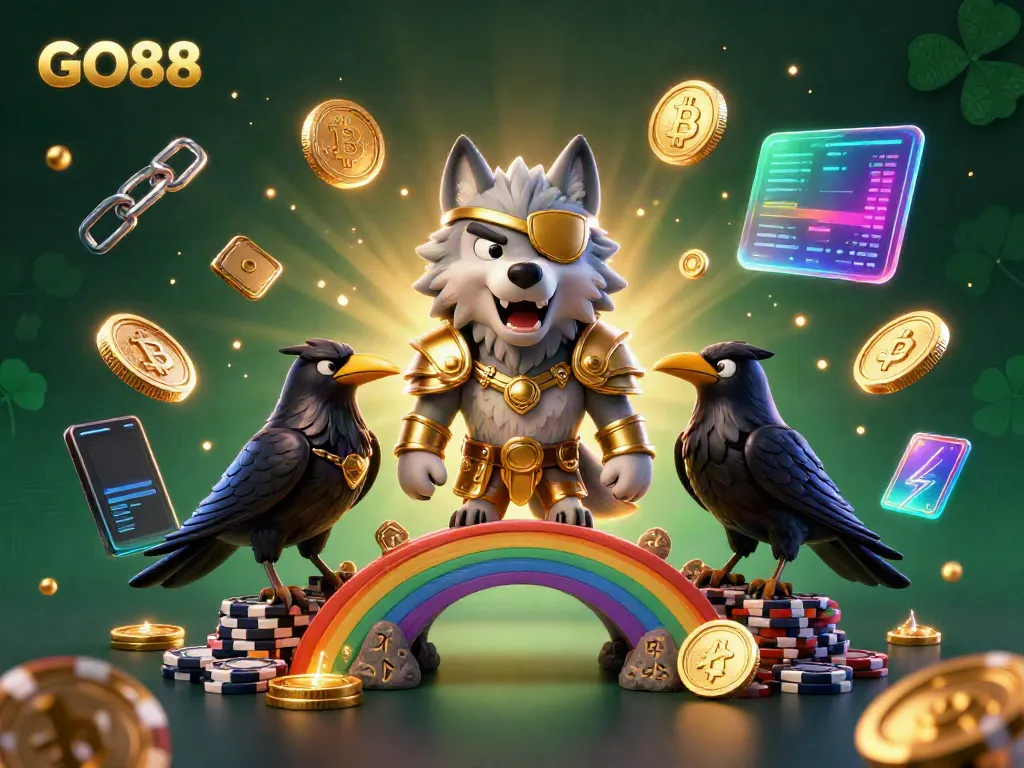 Engaging GO88 casino scene with a Norse-themed wolf and ravens surrounded by vibrant crypto elements.