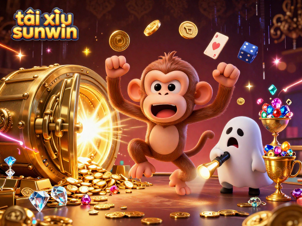 Explore exciting tài xỉu sunwin action as a playful monkey juggles treasures in a lively casino setting.