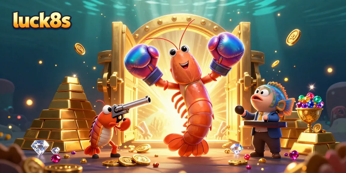 Experience luck8s as cartoon shrimp surround a treasure vault bursting with gems.