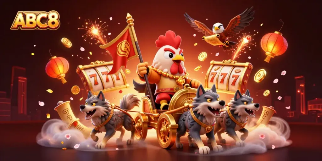 Experience the excitement of ABC8 with a 3D rooster warlord and vibrant casino elements.