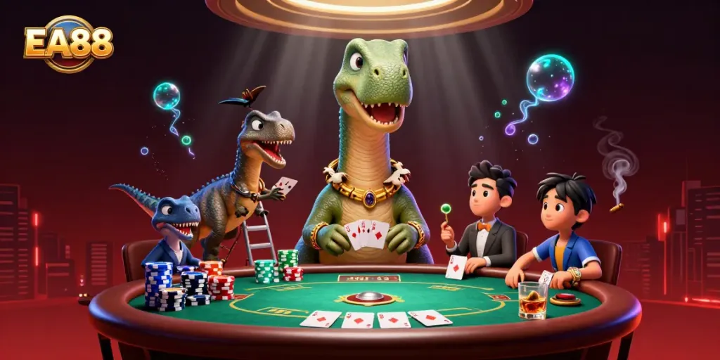 EA88 delights with a charming scene of a giant brontosaurus and clever raptor at a vibrant poker table.