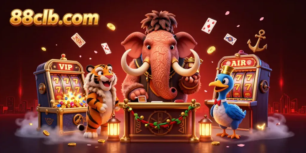 Vividly featuring 88clb-com, a vibrant casino scene with a woolly mammoth, saber-tooth tiger, and dodo bird managing ID checks while surrounded by floating playing cards and slot machine elements.
