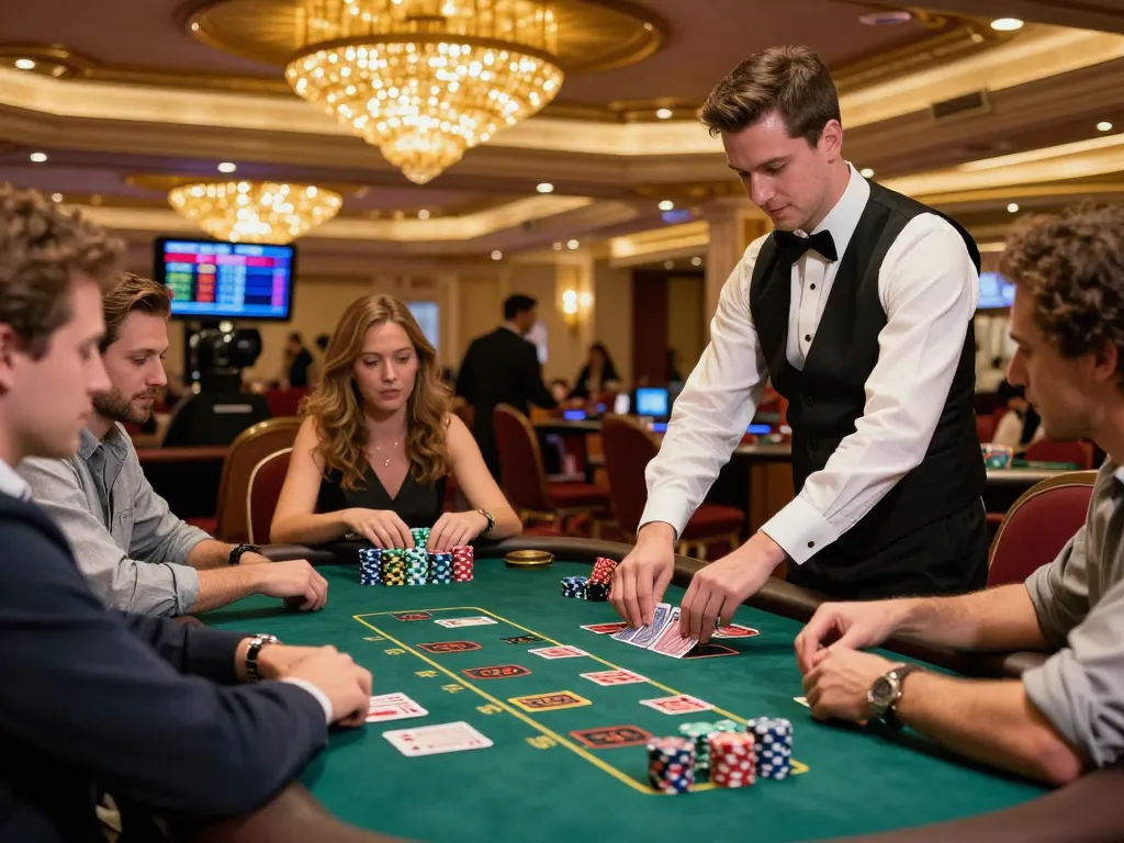 Intense blackjack gameplay at Vegas casino showcasing nhacaiuytin44 atmosphere with players and dealer in action.