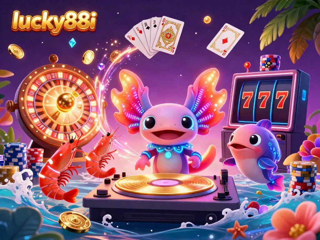 Engage with lucky88i's vibrant casino scene featuring a neon axolotl DJ, dazzling coins, and lively sea creatures.