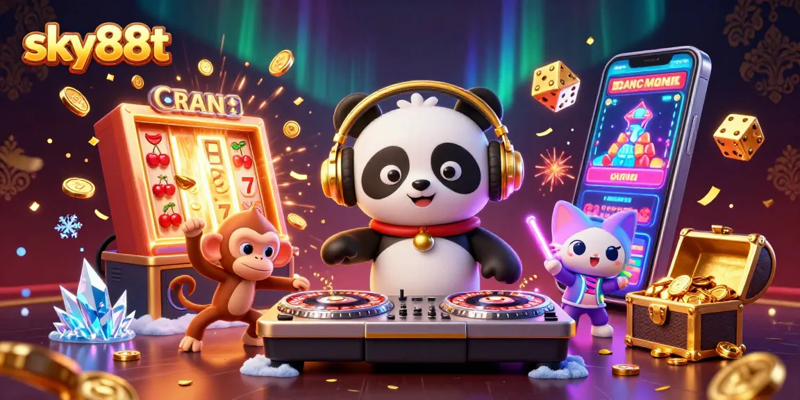 Experience excitement with sky88t in vibrant 3D casino scene featuring DJ Panda, dancing monkey, and glow-stick kitten.