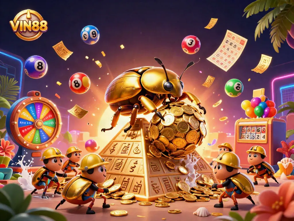 Experience the excitement of VIN88 as the golden beetle rolls coins with vibrant lottery elements flying around.