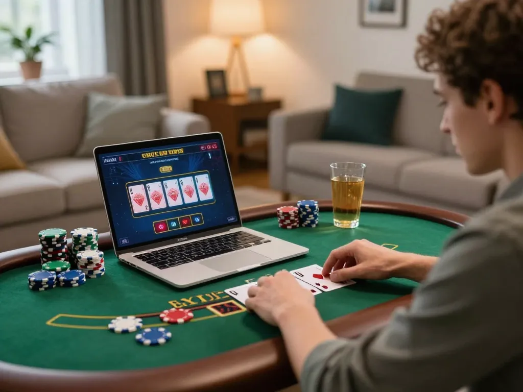 Người chơi LUCK8 tham gia vào trò chơi blackjack trực tuyến tại nhà với laptop và chip.