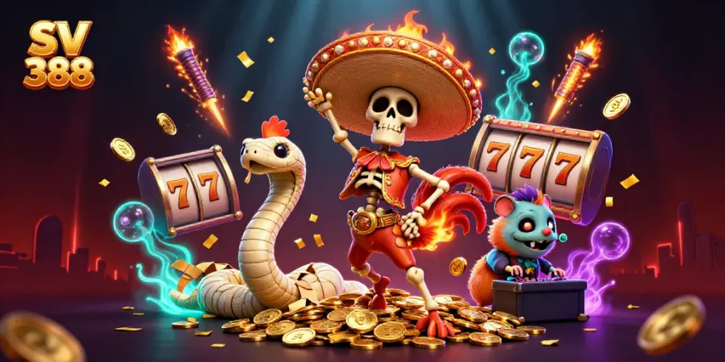 Experience the thrill at SV 388 with dynamic 3D illustrations of a festive salsa-inspired casino scene.