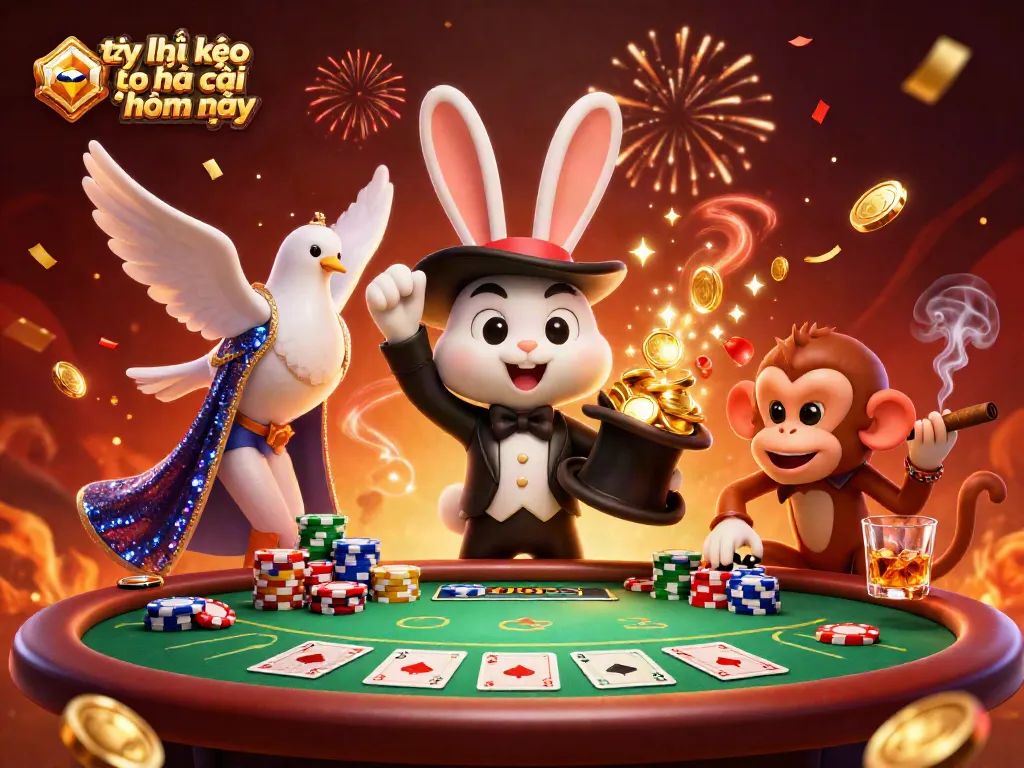 Engaging illustration of a magician rabbit showcasing the tỷ lệ kèo nhà cái hôm nay with lively casino elements