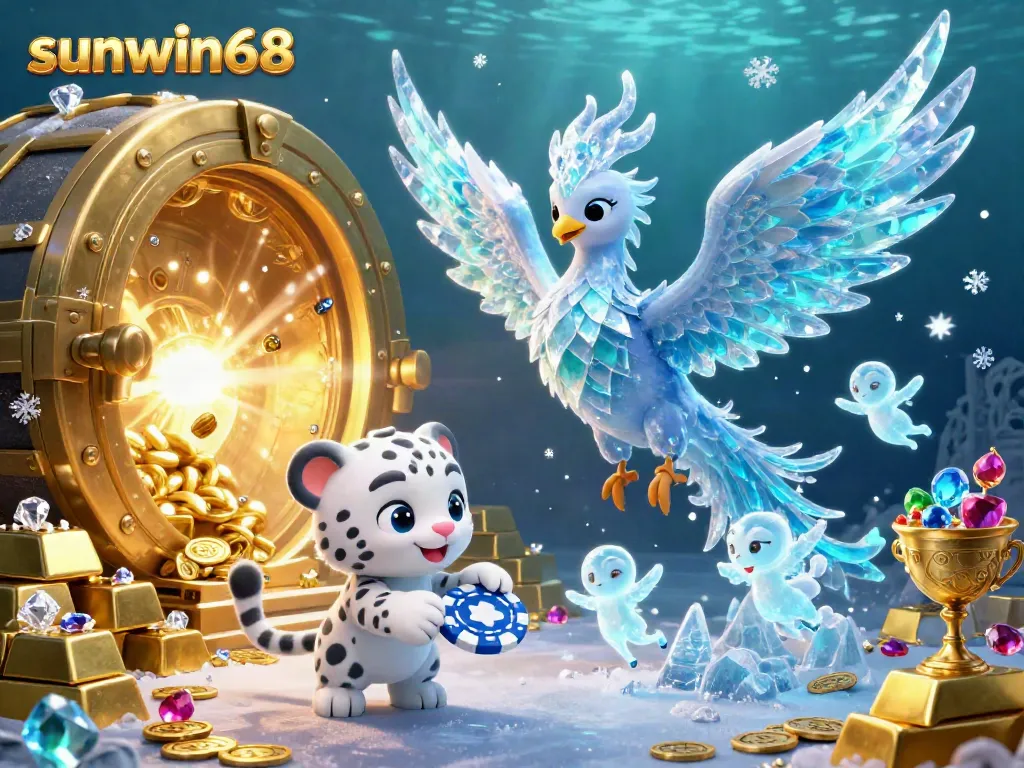 Engage with sunwin68 in a vibrant 3D casino scene featuring a mystical phoenix and gaming elements.