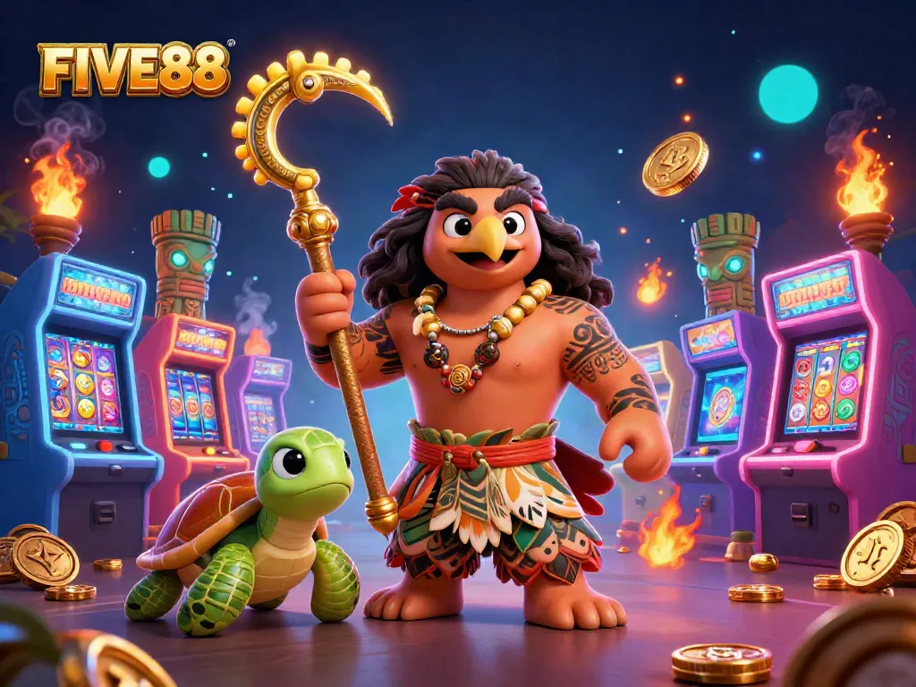 Experience FIVE88's exciting gaming atmosphere with vibrant slots and colorful characters.