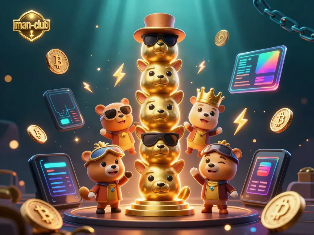 Engaging casino scene with man-club 3D golden totem and vibrant crypto elements.