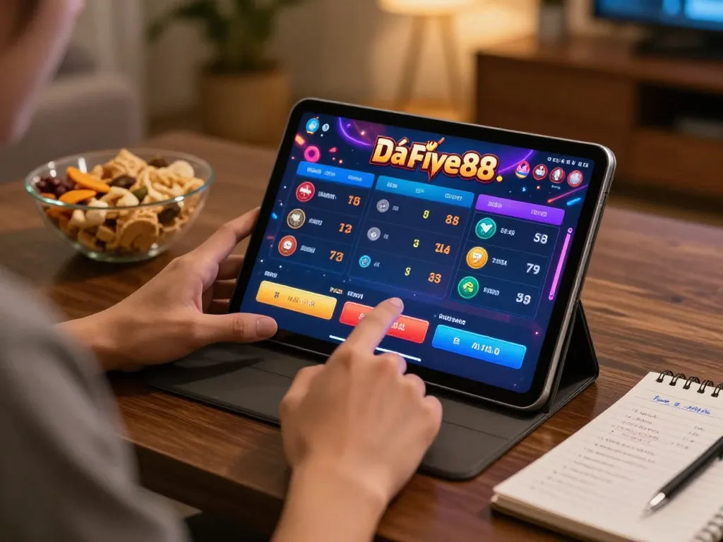 Engaging in Đá gà five88 online betting with cozy home setup and vibrant gameplay interface