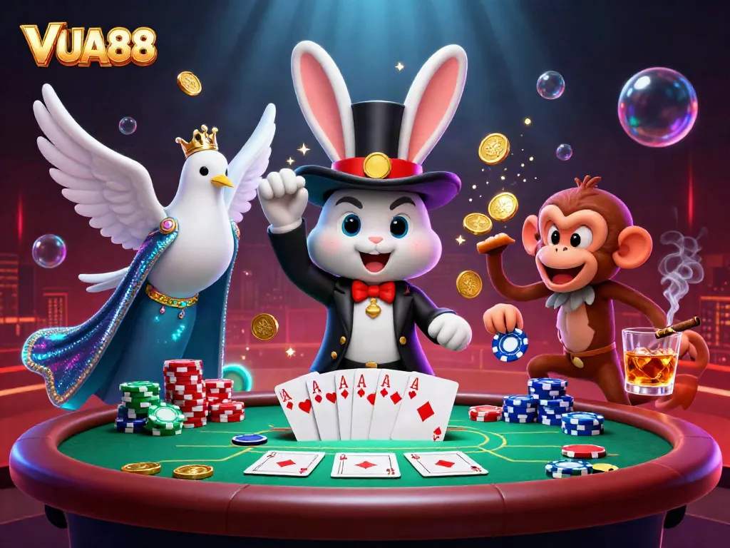 Experience excitement at VUA88 with a magician rabbit, poker chips, and vibrant casino elements.