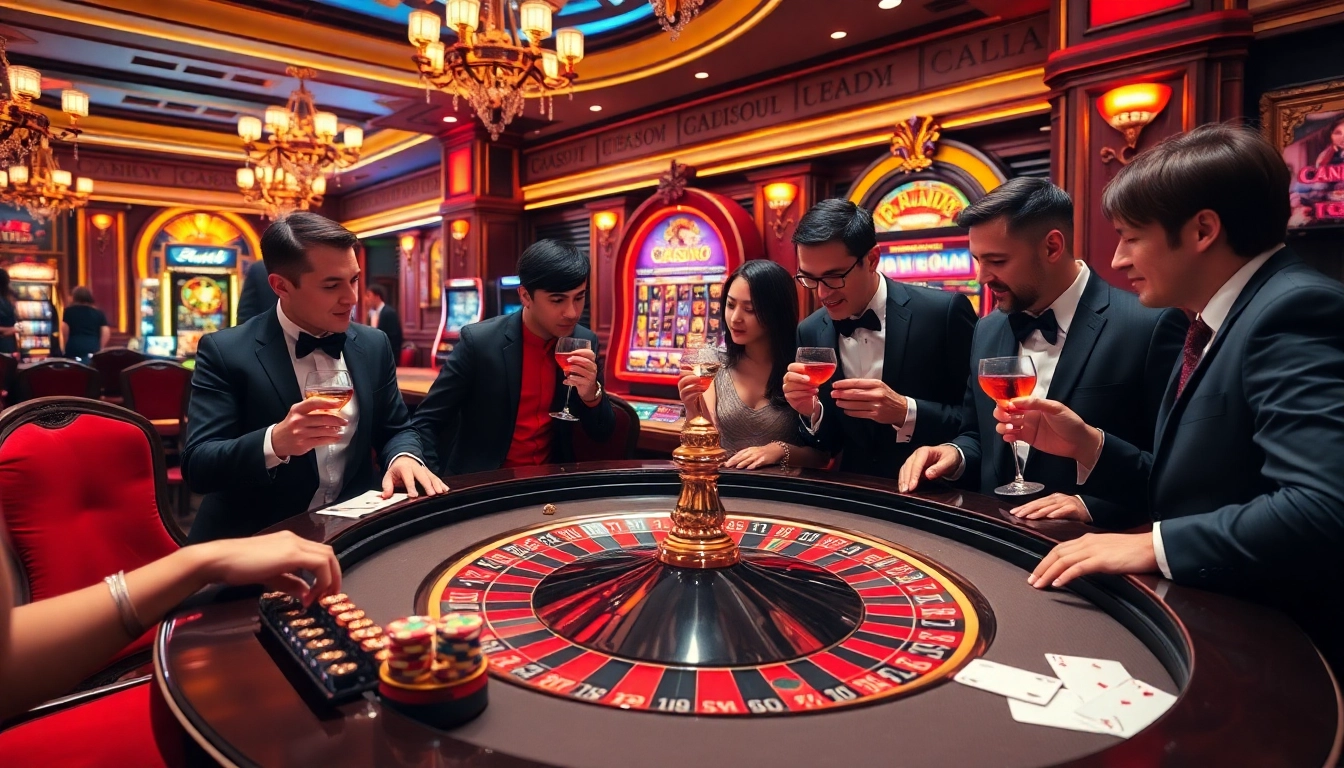 Players enjoying a thrilling moment at the roulette table at https://red88.day/ casino, surrounded by vibrant decor.