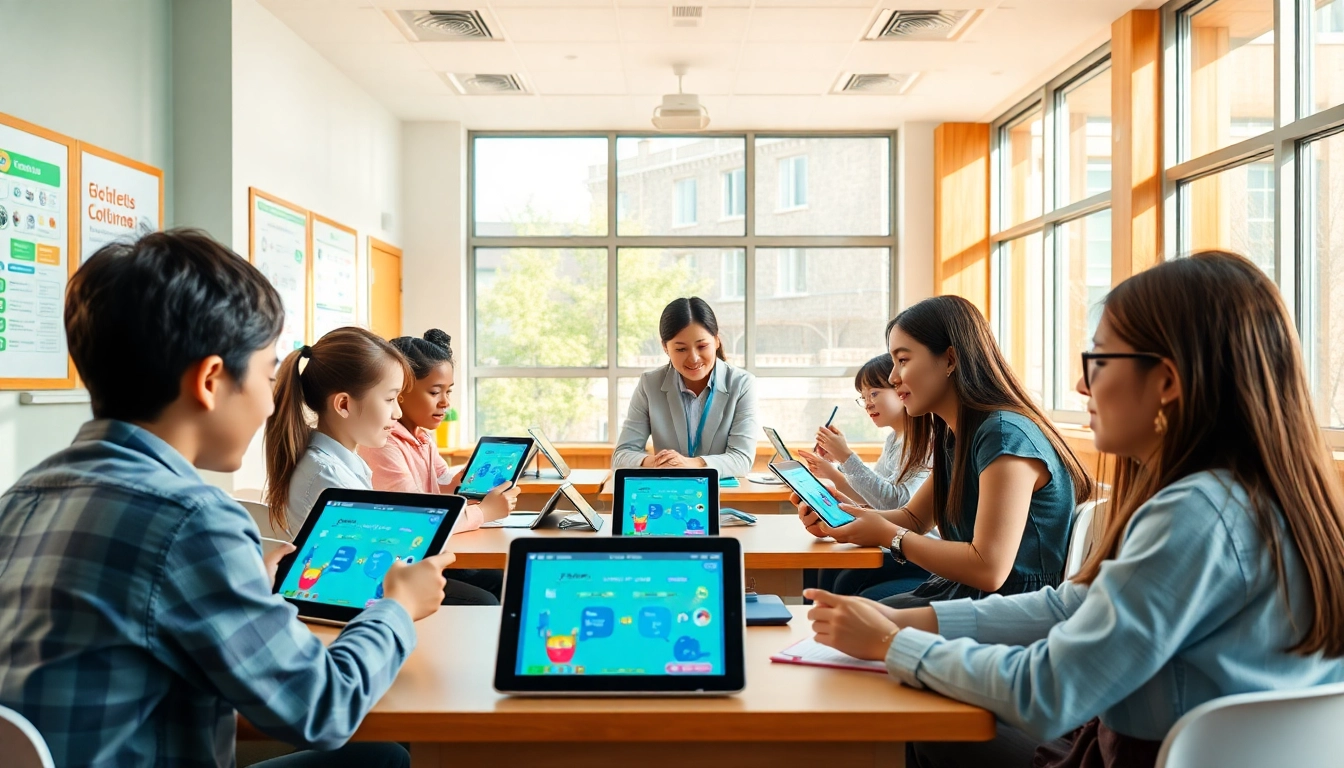 Innovative classroom scene with students using 有道 for language learning