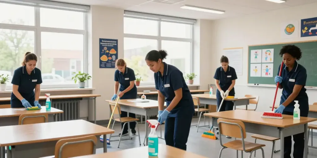 Professionele school schoonmaak in Amsterdam met een team dat een klaslokaal grondig reinigt en zorgt voor een schone leeromgeving.