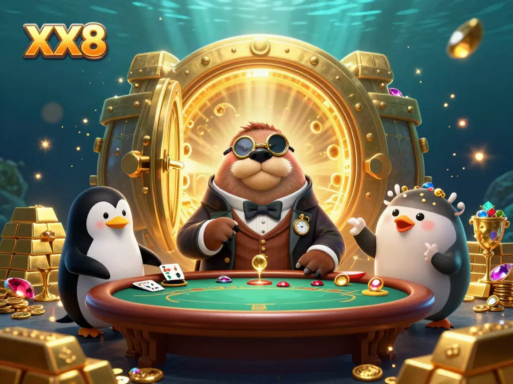 Play poker with XX8 at an underwater casino featuring a walrus, penguin dealer, and a bluffing pufferfish.