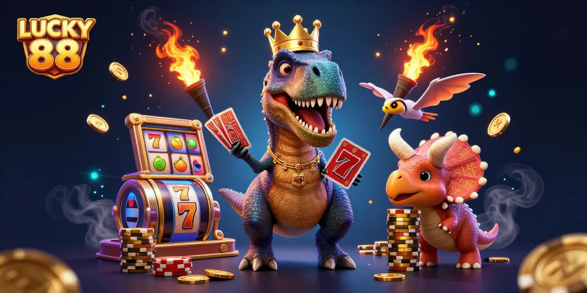Engage with LUCKY 88 in an exhilarating casino scene featuring dynamic characters and gaming elements.