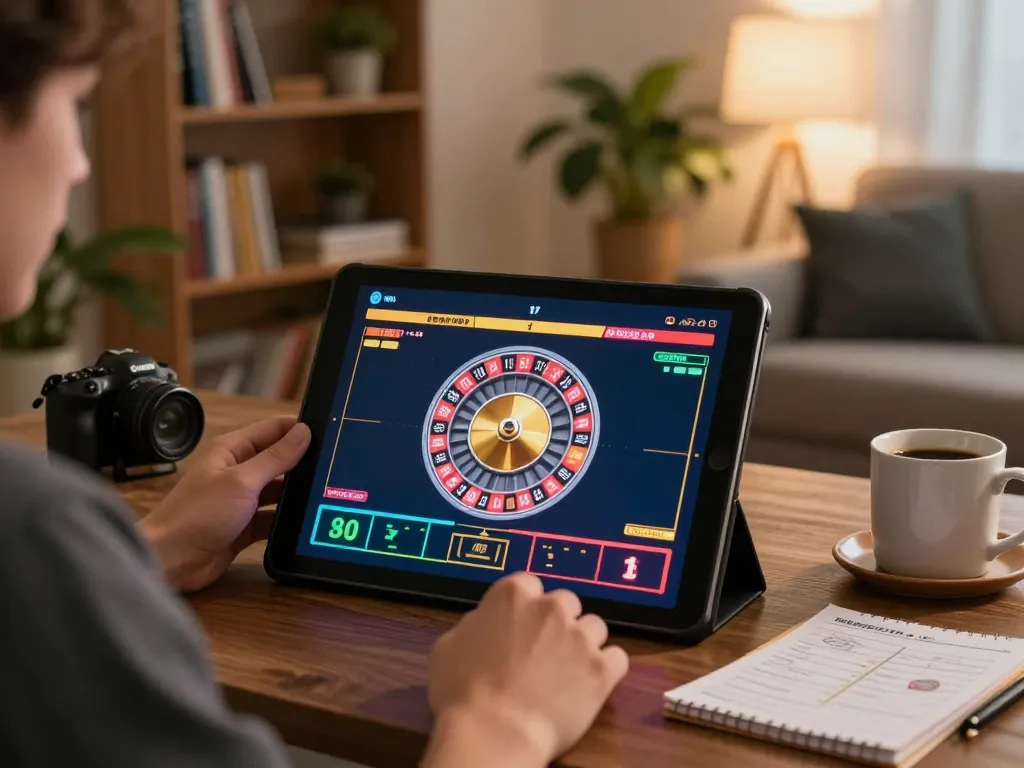 Alo8 Center player enjoying online roulette on tablet in cozy home setting with strategy notes.
