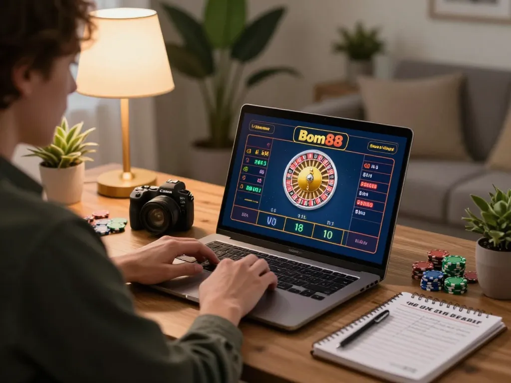 Engaging gaming moment at home featuring Bom88's roulette game on laptop with strategic notes