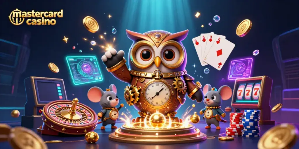 Cascading golden coins and vibrant poker chips in a fantastical Mastercard casino scene with time-traveler owl and mouse.