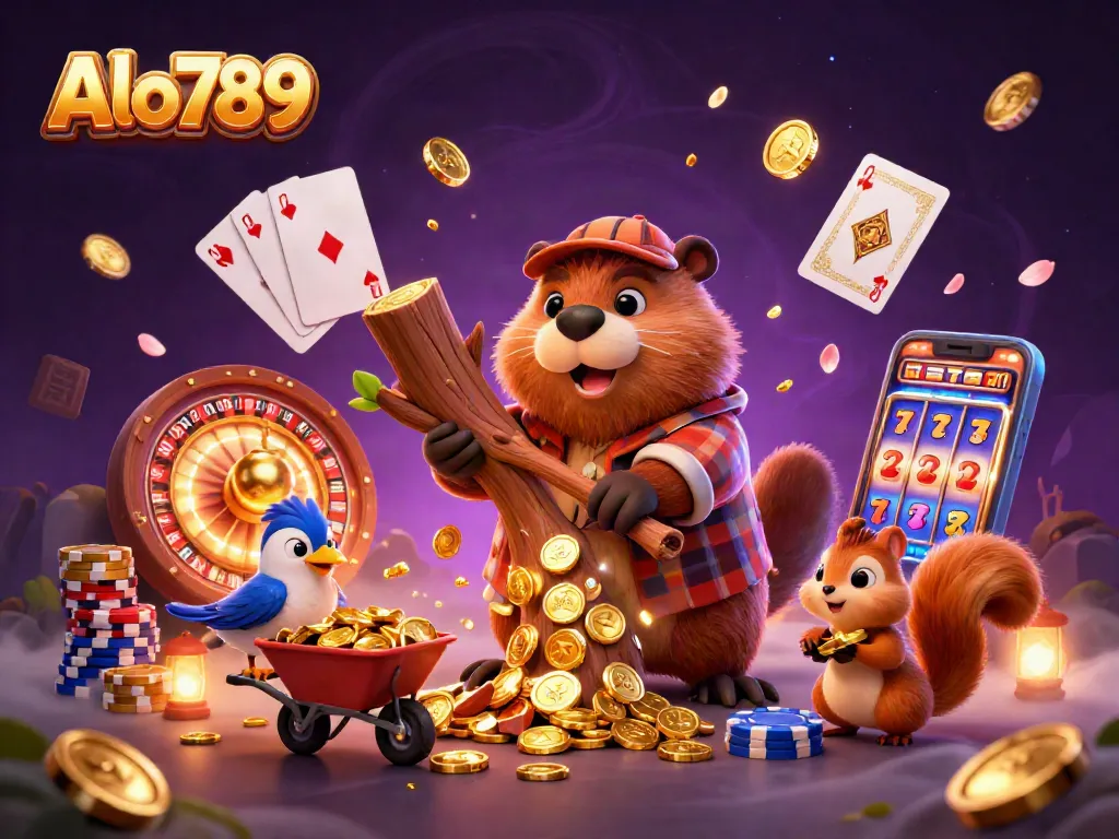 Alo789 shows a beaver and bird collecting golden coins in a lively casino scene.