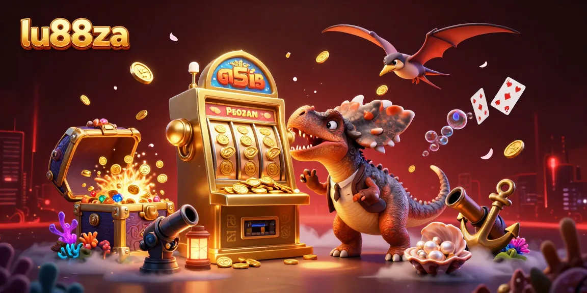 Experience the lu88za jackpot excitement as a pachycephalosaurus activates a golden slot machine amidst vibrant casino elements.
