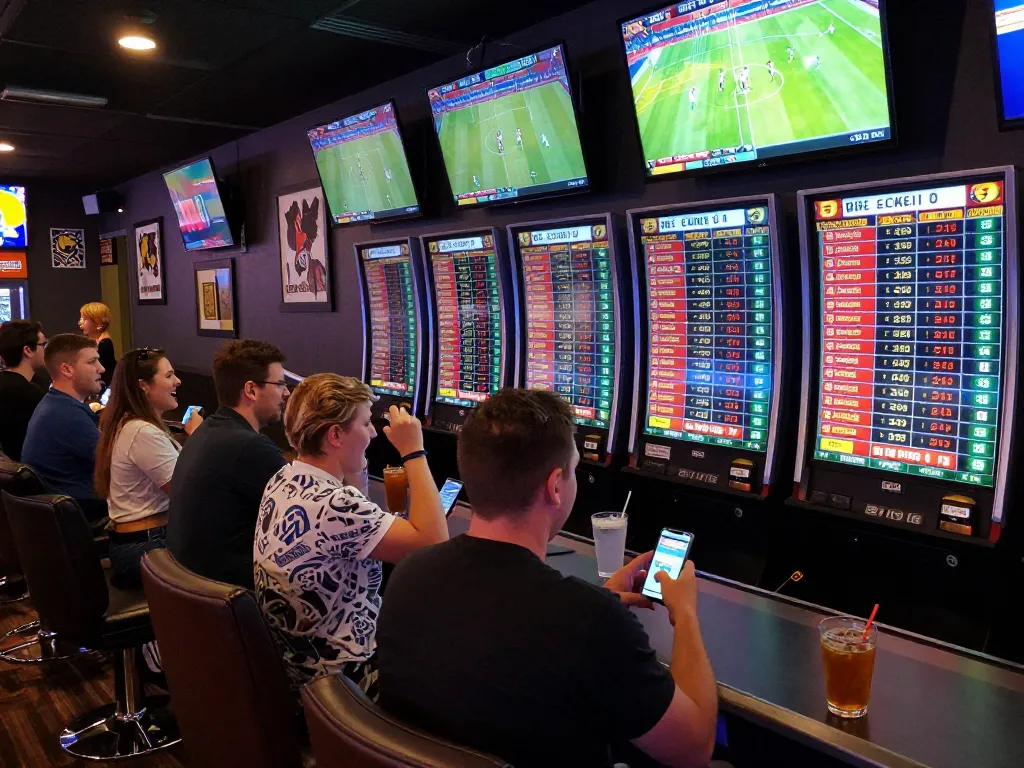 cm88 sports betting excitement in a lively casino atmosphere with patrons cheering and making bets