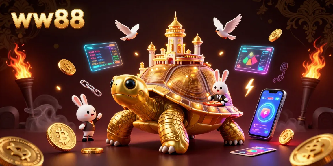 Engage with thrilling games at ww88, featuring a vibrant 3D scene of a golden tortoise casino with dynamic elements.