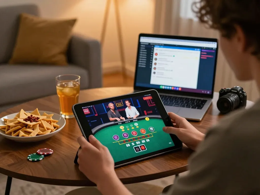 Engaged player at home enjoying live 13win blackjack on tablet, with cozy atmosphere and snacks.
