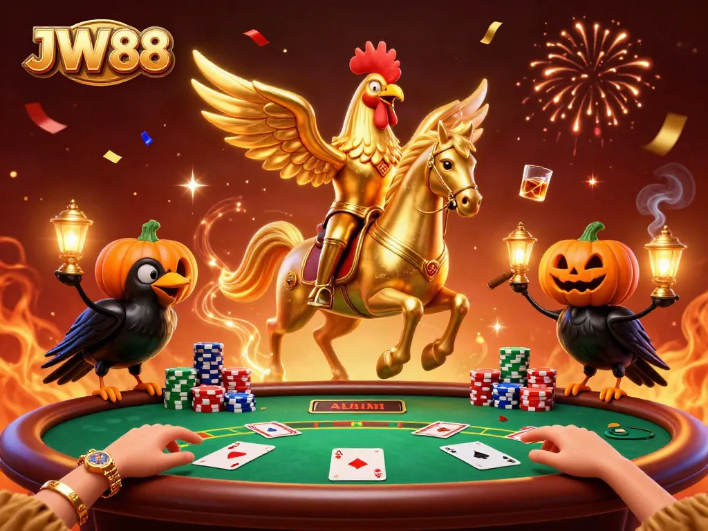 Play exciting games at JW88, featuring a dynamic scene with vibrant casino action and unique characters.