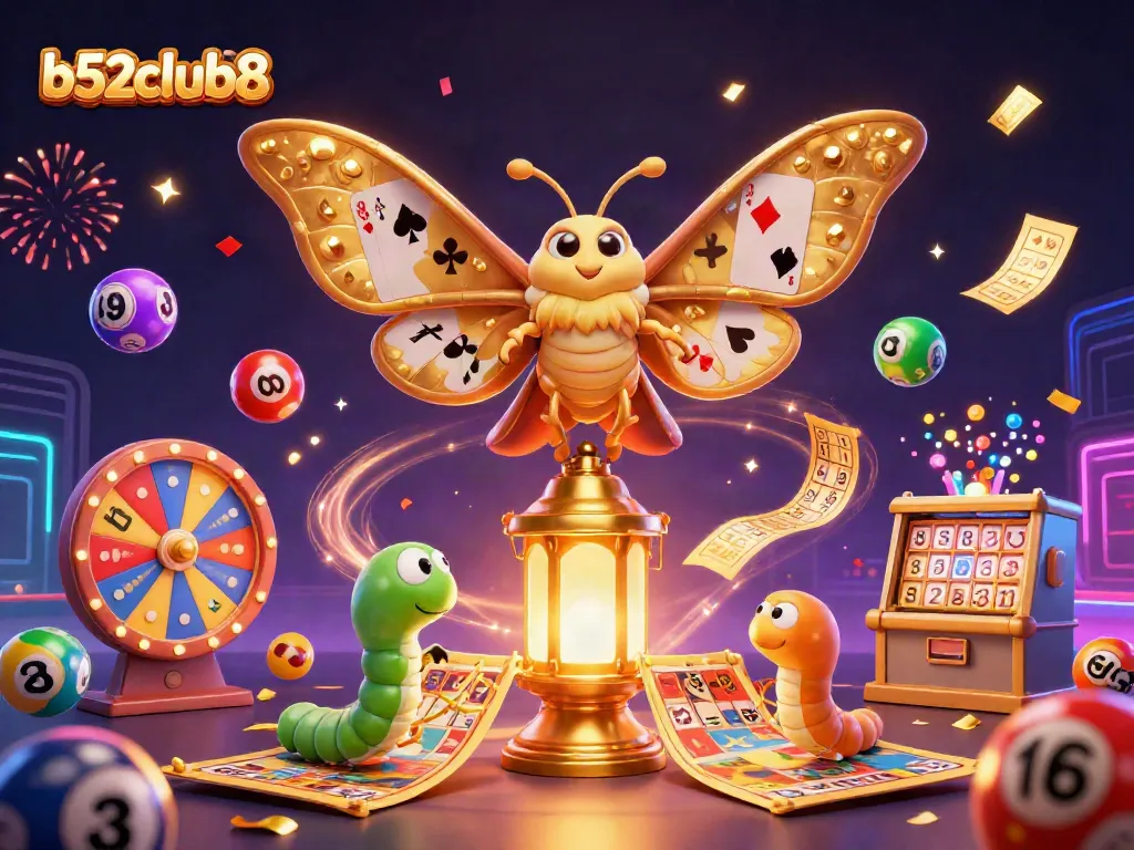 Engage with b52club8's vibrant casino world, showcasing lottery balls and festive elements.