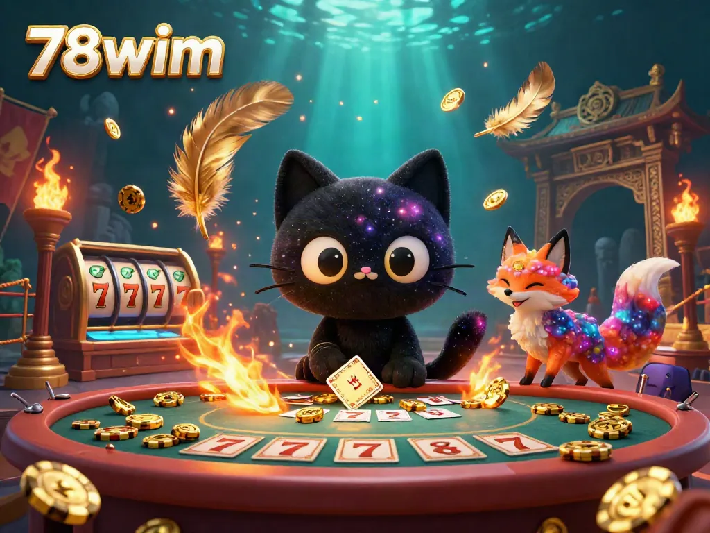 A cosmic casino scene highlighting 78wim's vibrant gaming elements and the gravitational charm of a cat.