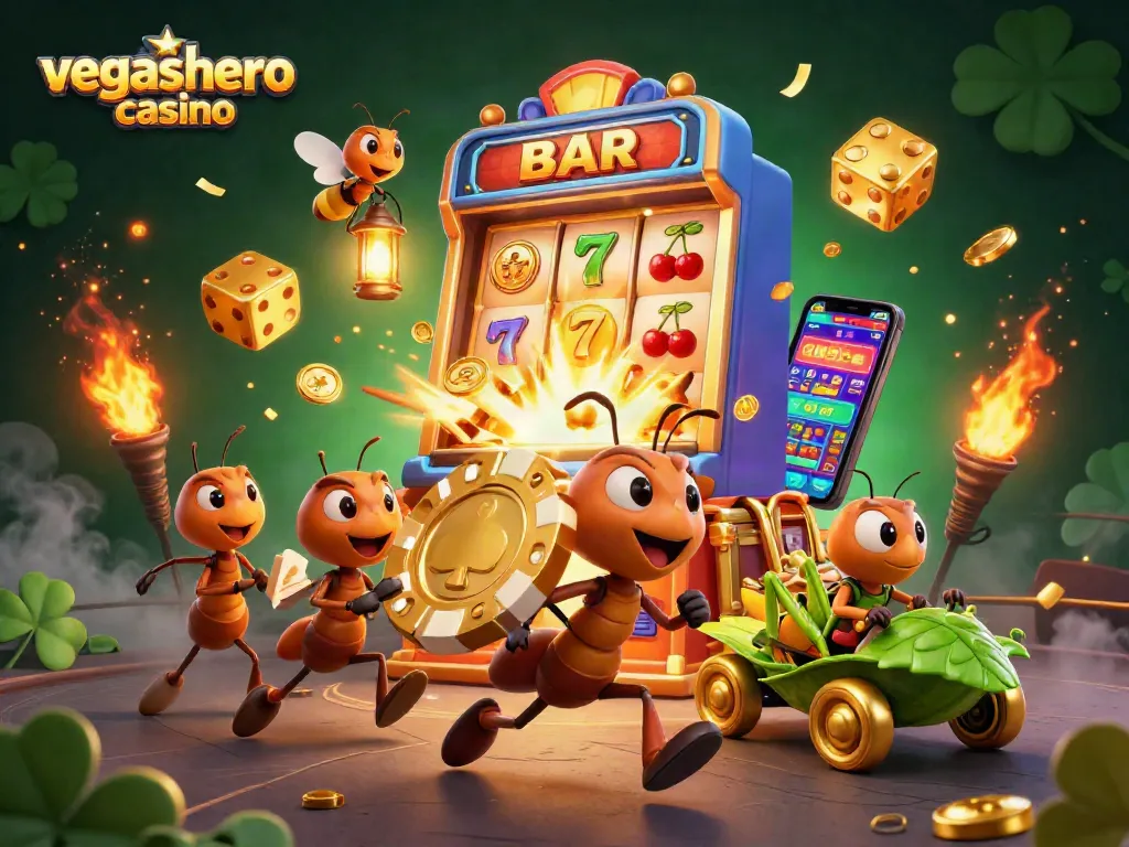 Engage with the thrilling world of vegashero casino as cartoon ants attempt a heist with a golden poker chip.
