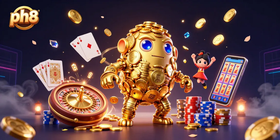 Experience thrilling gameplay at ph8 with a dynamic illustration of ancient coin golems surrounded by vibrant casino elements.
