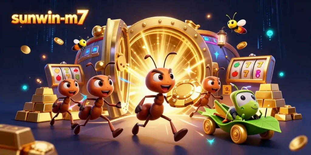 Engaging scene of sunwin-m7 casino heist with cartoon ants and a grasshopper getaway driver.