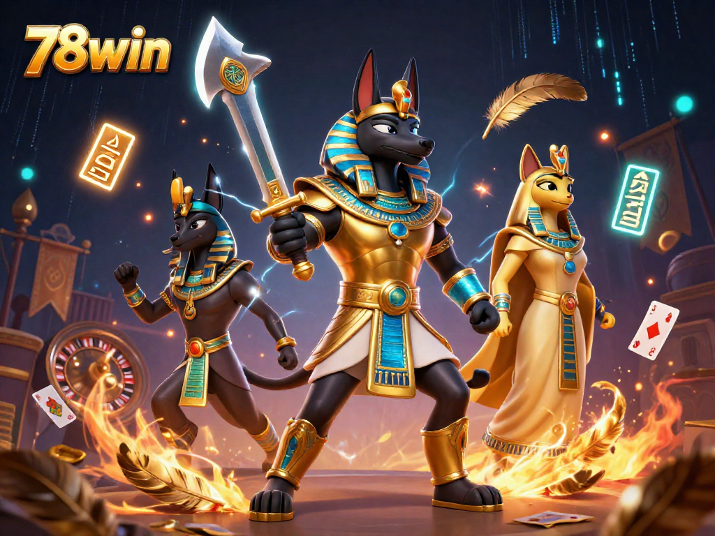 Win big at 78win with dynamic 3D scenes of Anubis and Bastet in vibrant casino action.