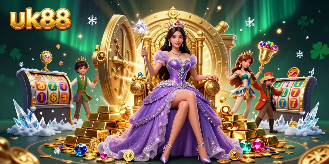 Bet big with uk88, a stunning princess amidst dazzling casino symbols and rich treasures.